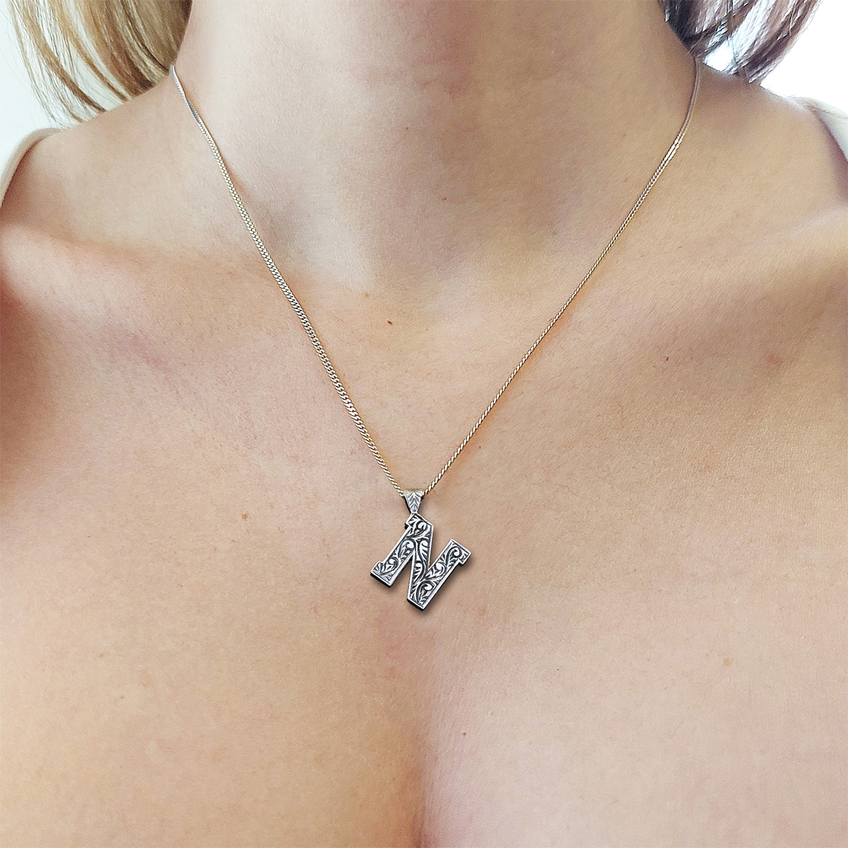 925 Sterling Silver Custom Design Monogram Letter N Necklace