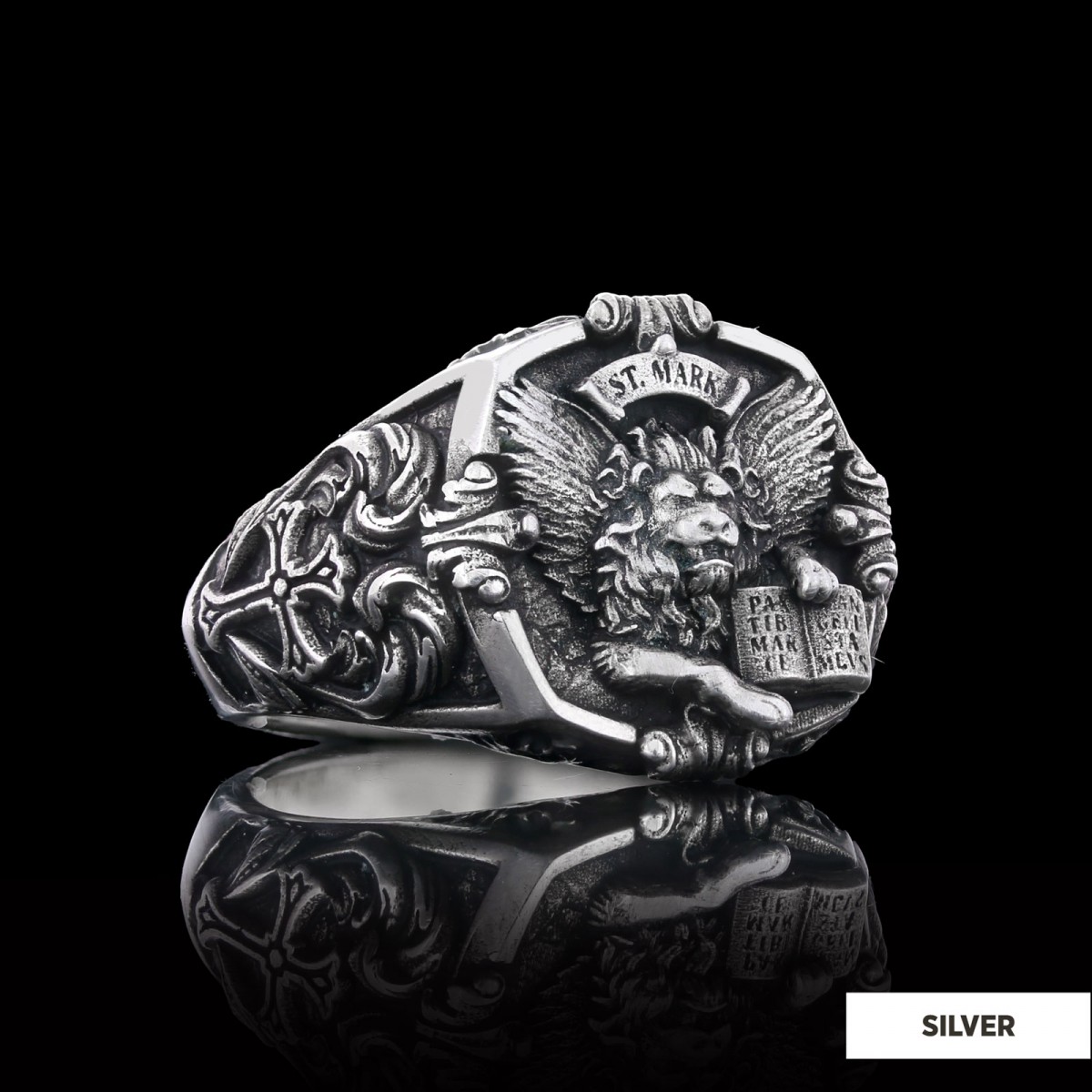 925 Sterling Silver St. Mark Lion Ring, Evangelist Lion Cross Ring, Men's Silver Signet Ring, Christian Men's Ring, Religious Gift for Men