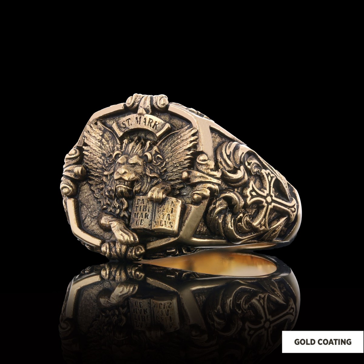 925 Sterling Silver St. Mark Lion Ring, Evangelist Lion Cross Ring, Men's Silver Signet Ring, Christian Men's Ring, Religious Gift for Men