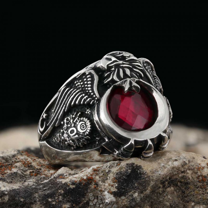 925 Sterling Silver Stoned Eagle Head Tughra Ring