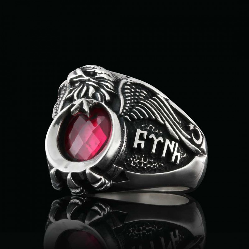 925 Sterling Silver Stoned Eagle Head Tughra Ring