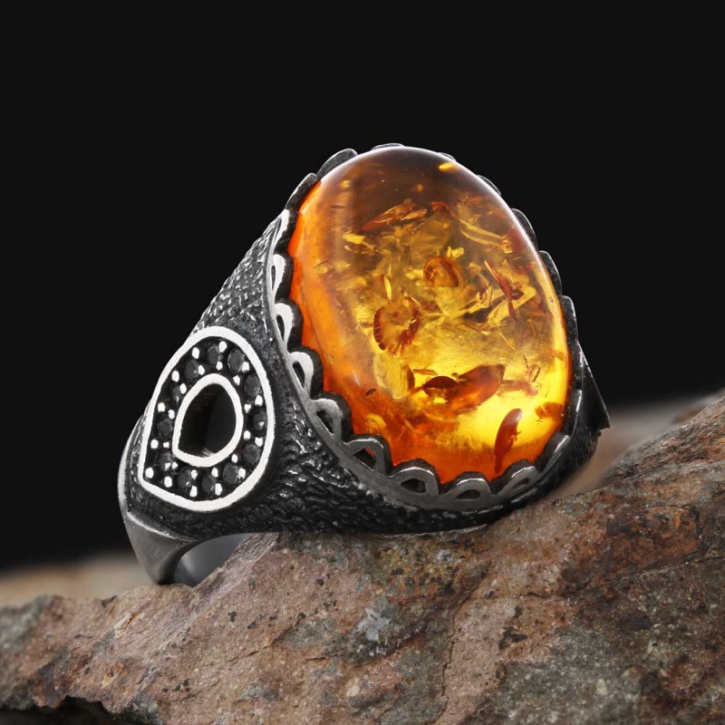 Amber Stone Silver Ring 925 Sterling