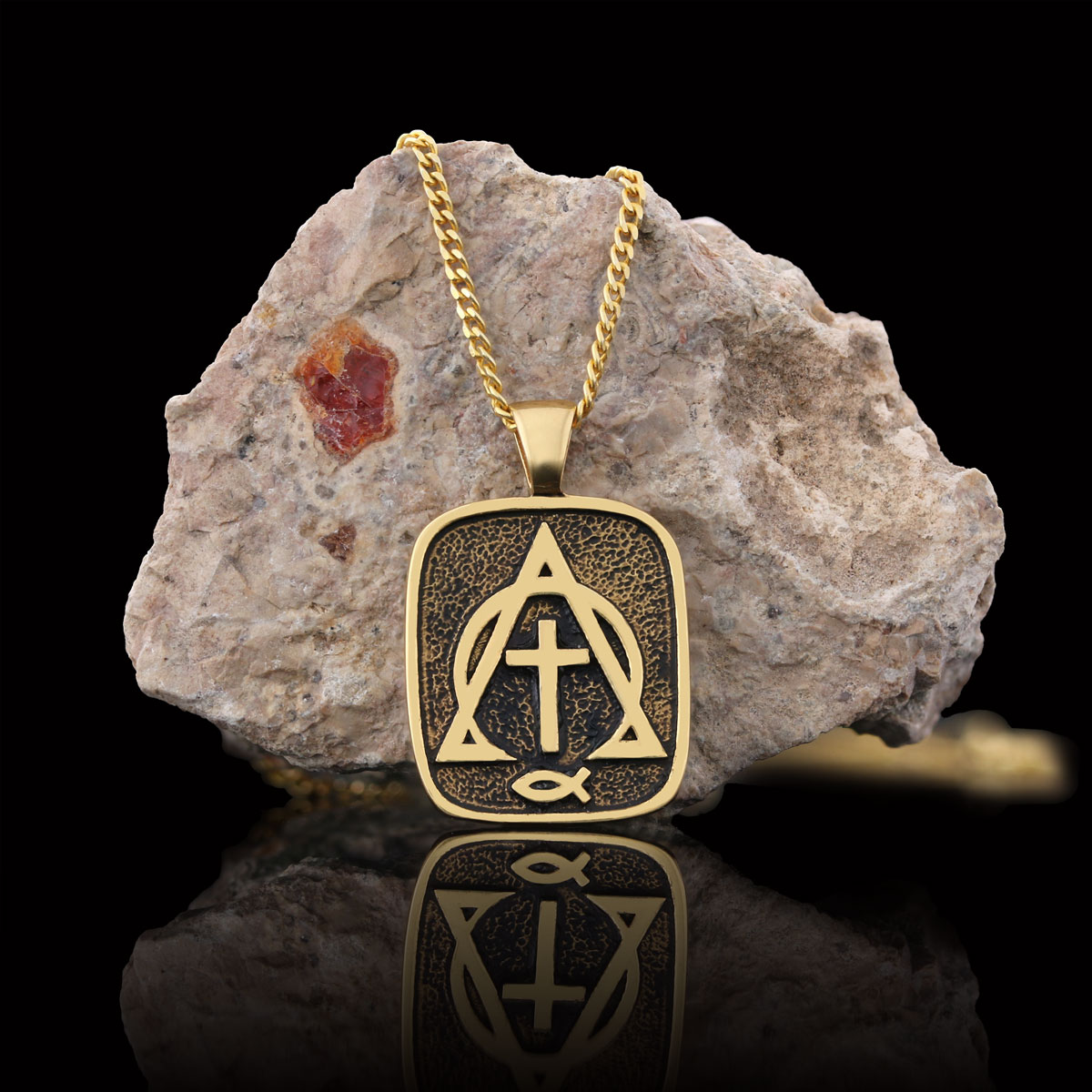 Christian Cross Ichthus Necklace, Alpha Omega Cross Necklace, Square Christianity Ichthus Pendant