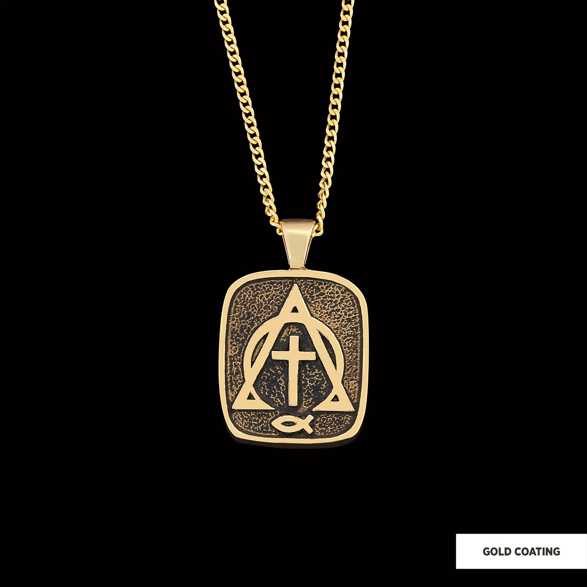Christian Cross Ichthus Necklace, Alpha Omega Cross Necklace, Square Christianity Ichthus Pendant