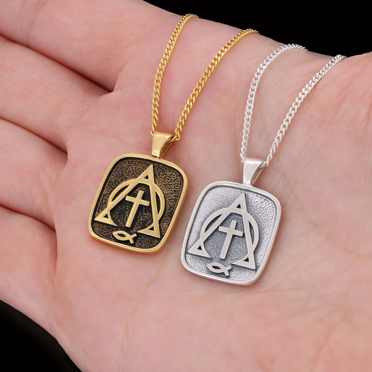 Christian Cross Ichthus Necklace, Alpha Omega Cross Necklace, Square Christianity Ichthus Pendant