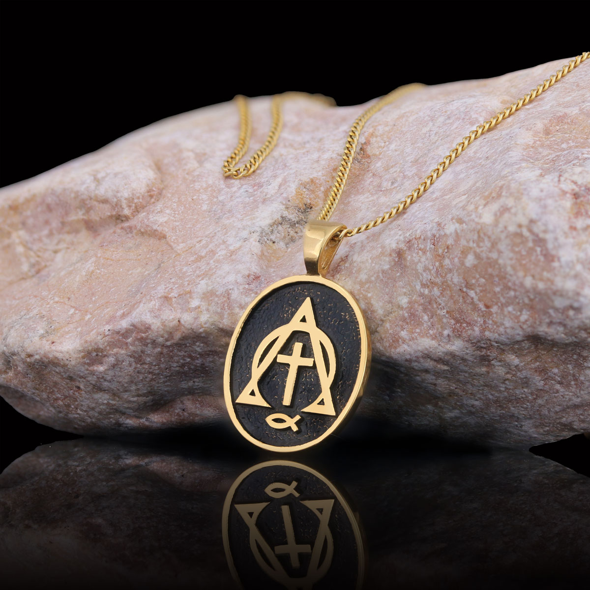 Christian Cross Ichthus Necklace, Square Christian Jewelry, Ichthus Pendant, Alpha Omega Cross Necklace