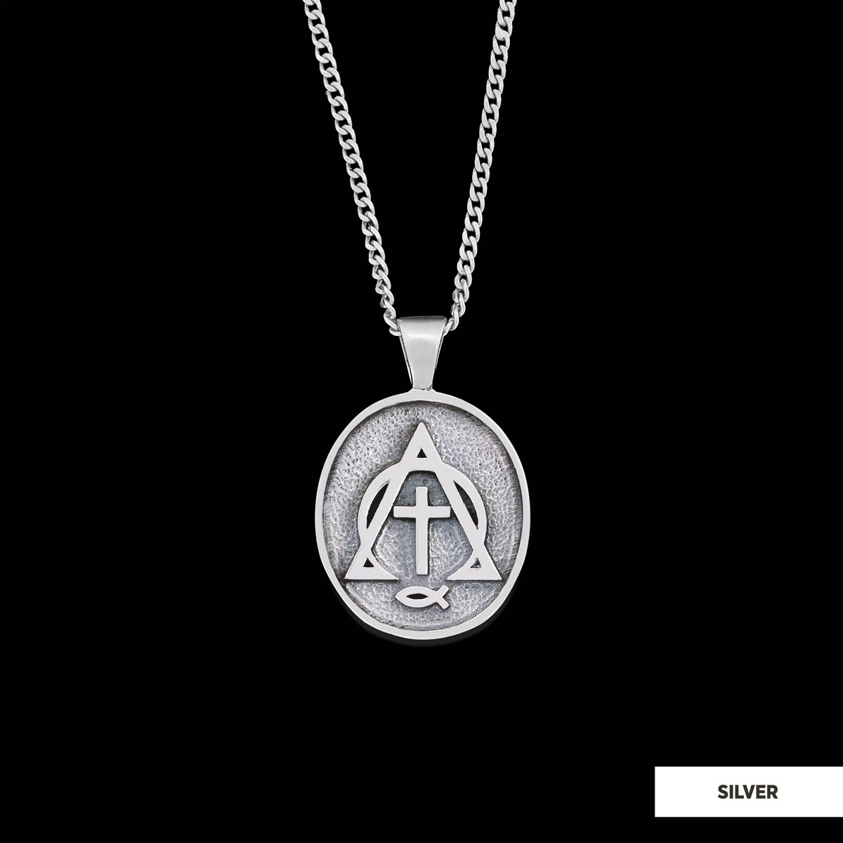 Christian Cross Ichthus Necklace, Square Christian Jewelry, Ichthus Pendant, Alpha Omega Cross Necklace