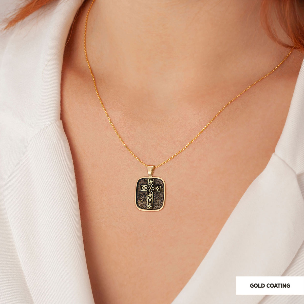 Christian Cross Pendants, Gold Plated Silver Cross Necklace, Square Motif Cross Silver Necklace