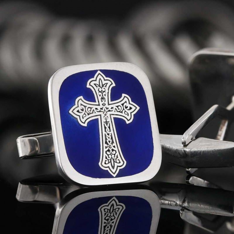 Square Custom Design Silver Christian Cross Embroidered Cufflink