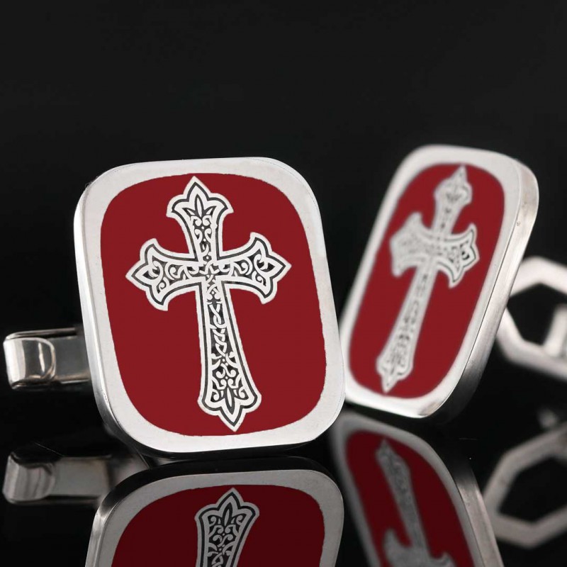 Square Custom Design Silver Christian Cross Embroidered Cufflink