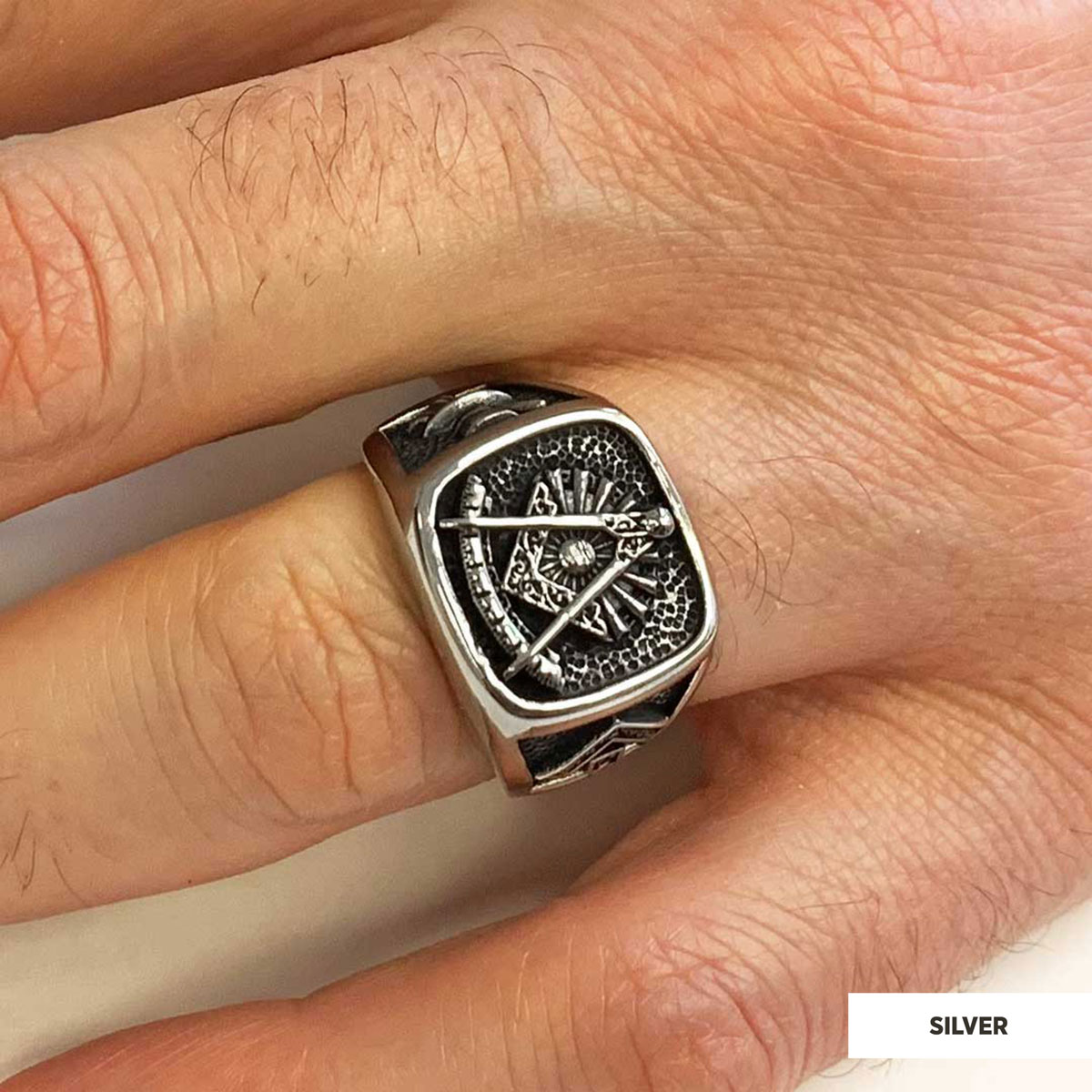 Compass Embossed Masonic Ring, Square Mason Ring, Ancient Lodge Mason Ring