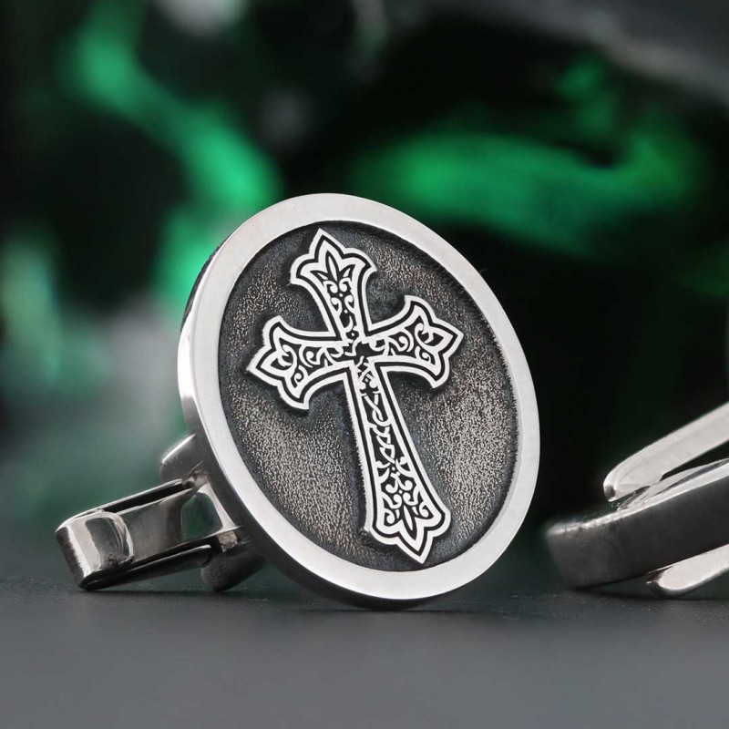 Oval Handmade Silver Christian Cross Cufflink