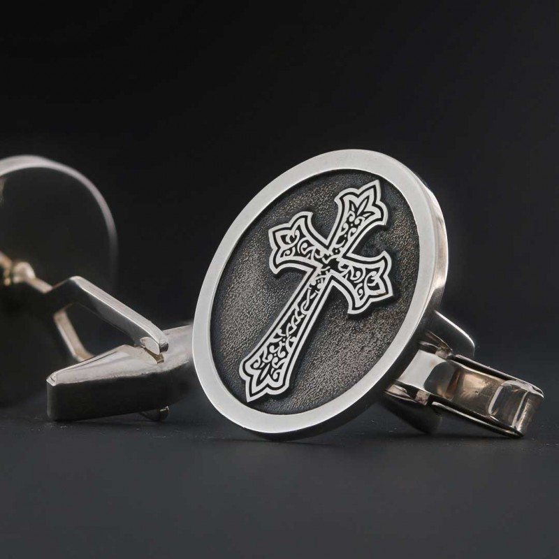 Oval Handmade Silver Christian Cross Cufflink