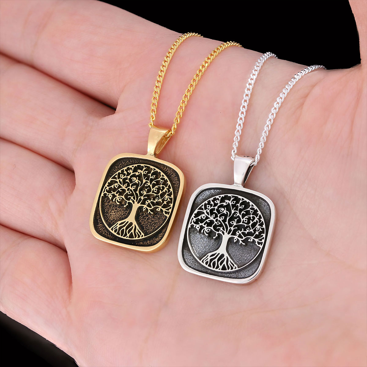 Christian Tree of Life Gold Plated Silver Necklace, Silver Square Tree of Life Necklace, 925 Sterling Silver Christian Pendants
