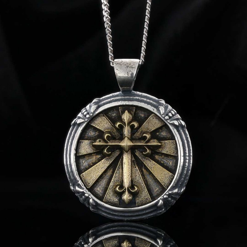 Round Sterling Silver Unique Design Cross Pendant