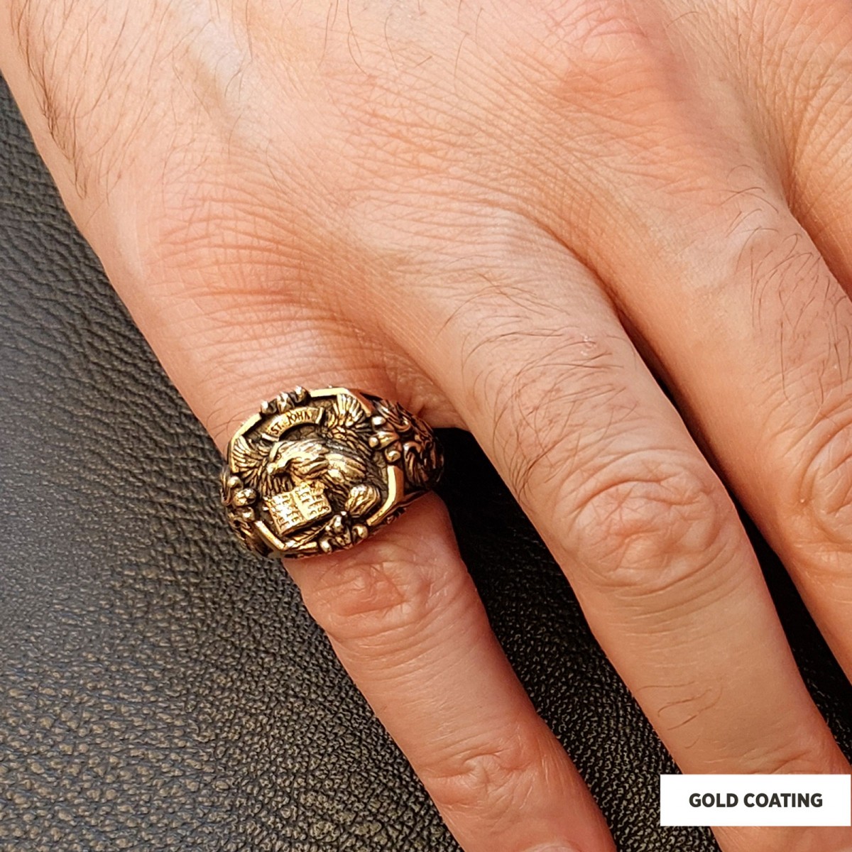 Eagle Of Saint John Apostle Evangelist Cross Pattern Signet Ring, Apostle Evangelist Symbol with Cross Engraving Ring, Christian Men's Ring