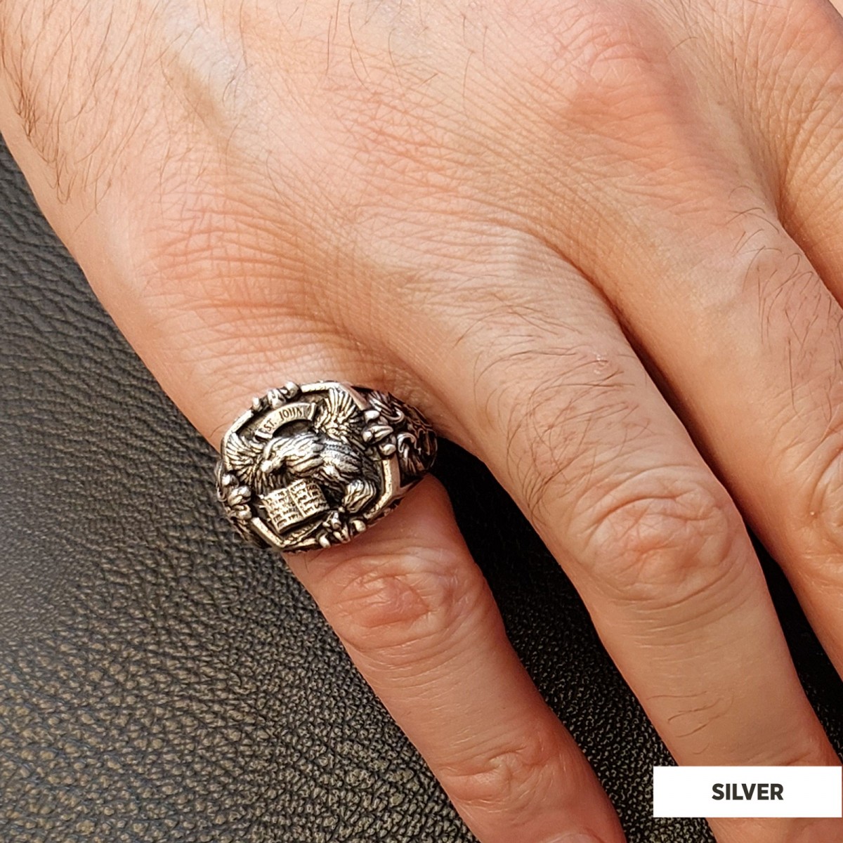 Eagle Of Saint John Apostle Evangelist Cross Pattern Signet Ring, Apostle Evangelist Symbol with Cross Engraving Ring, Christian Men's Ring