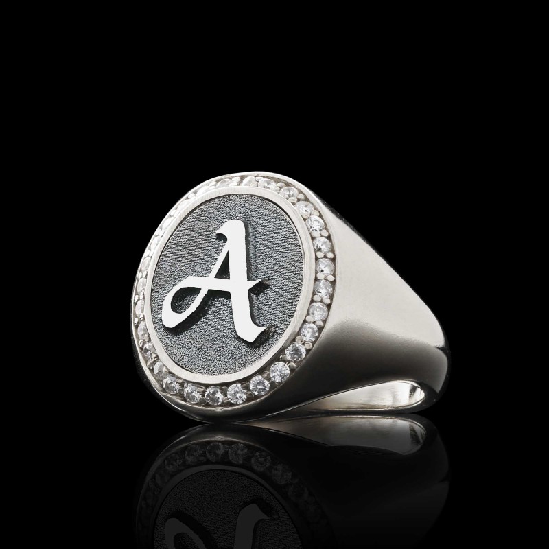 Handmade Oval Stone 925 Sterling Silver Special Monogram A Letter Women Ring