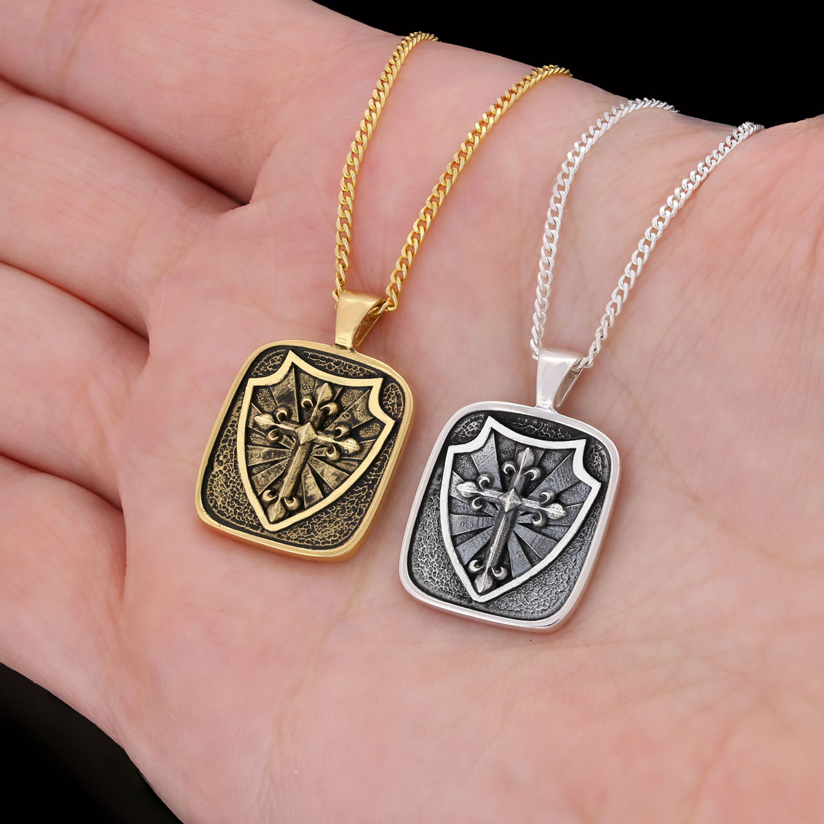 Knight's Cross and Shield Necklace, Silver Shield Necklace, Religious Gift for Men, Christian Armor Jewelry, Crusader Accessory