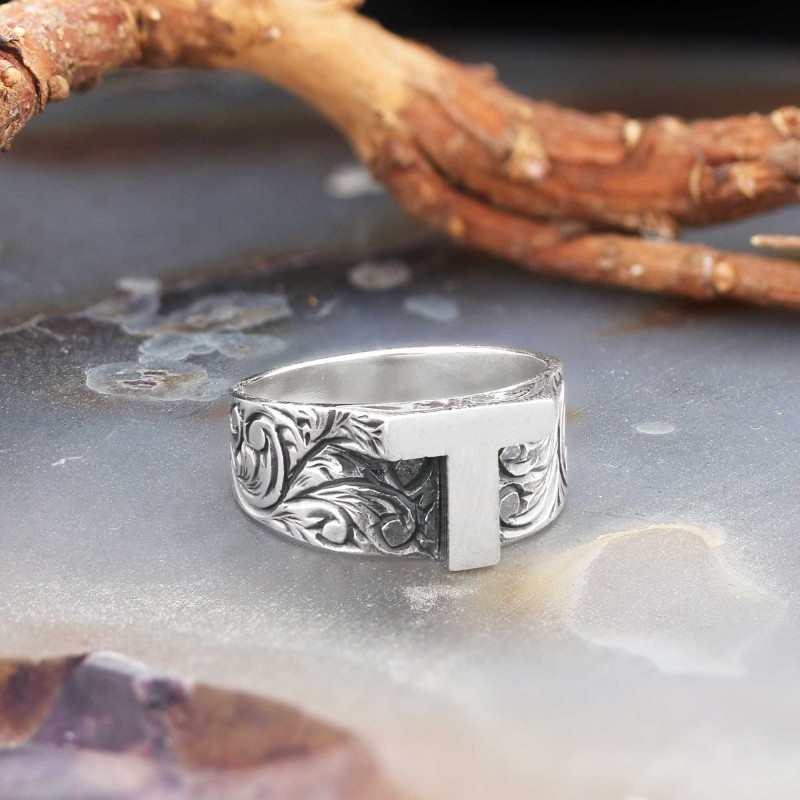 Letter T 925 Sterling Silver Monogram Women Ring