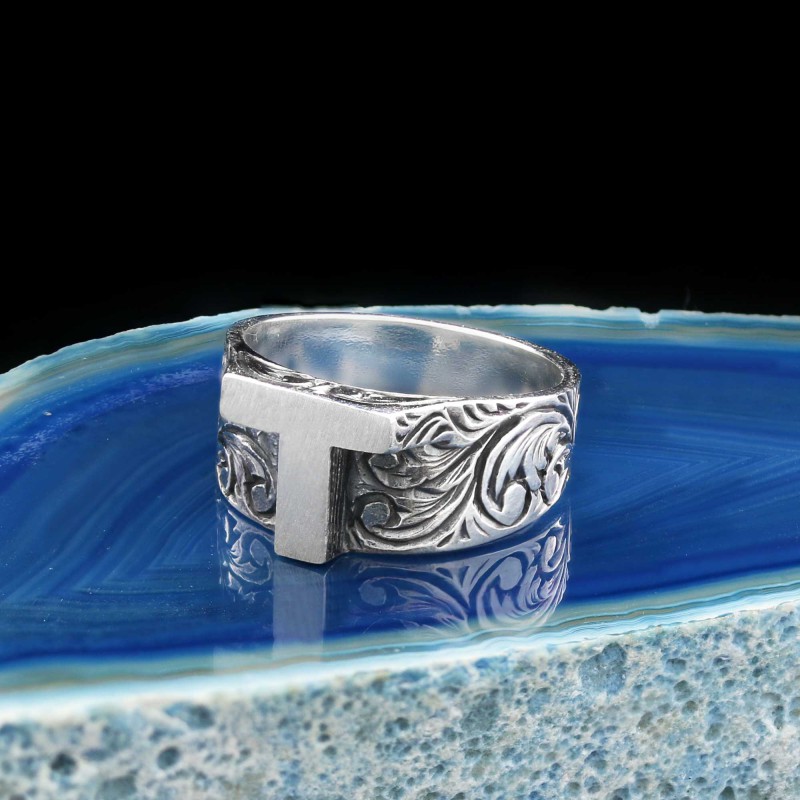 Letter T 925 Sterling Silver Monogram Women Ring