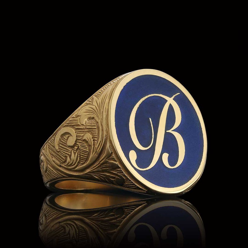 Oval Blue Enamel Monogram B Letter Ring