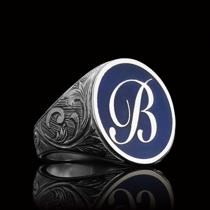 Oval Blue Enamel Monogram B Letter Ring