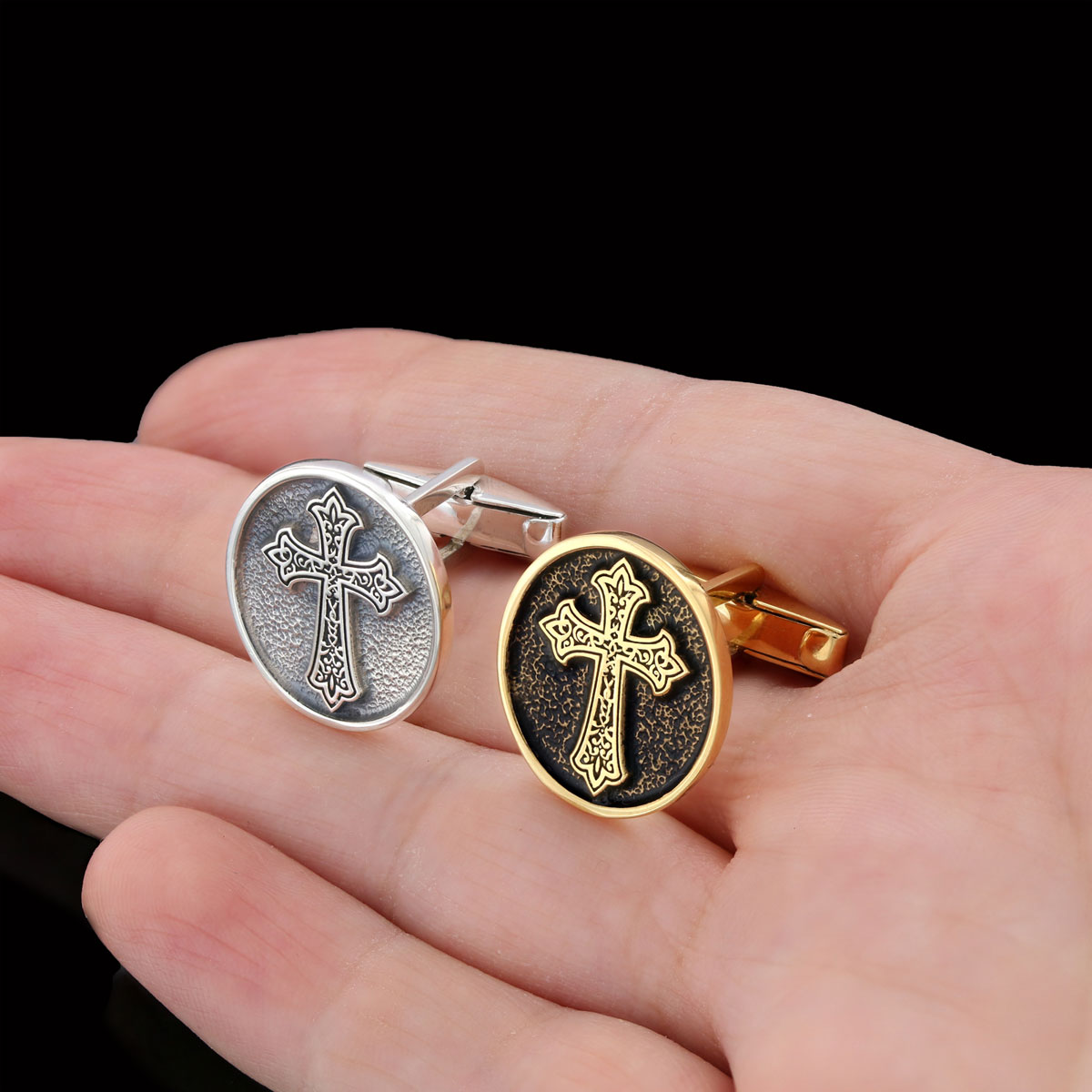 Oval Christian Cross Cufflinks, Special Design Cross Cufflinks, Cross Silver Oval Cufflinks