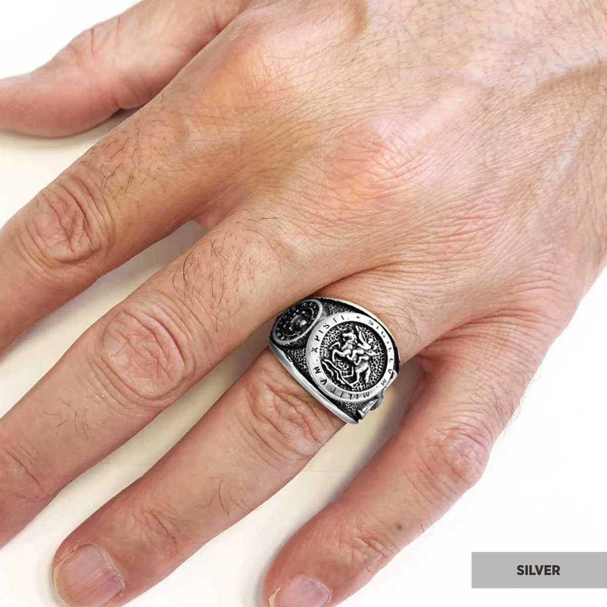 Round Silver Masonic Ring,  Celestial Mason Ring, Stylish and Meaningful Jewelry with Masonic Seal Detail