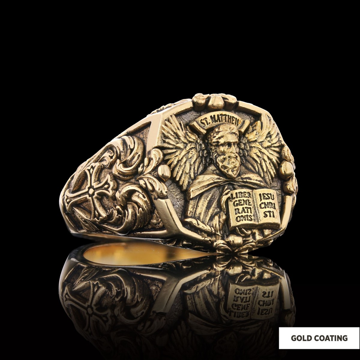 Saint Matthew Apostle Evangelist Christian Cross Signet Ring, Apostle Evangelist Symbol with Cross Engraving Ring, Christian Men's Ring