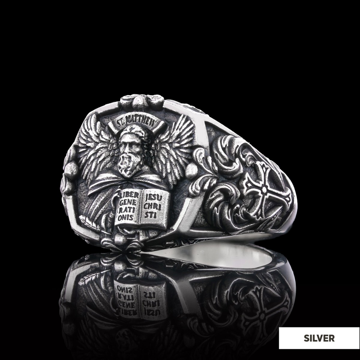 Saint Matthew Apostle Evangelist Christian Cross Signet Ring, Apostle Evangelist Symbol with Cross Engraving Ring, Christian Men's Ring