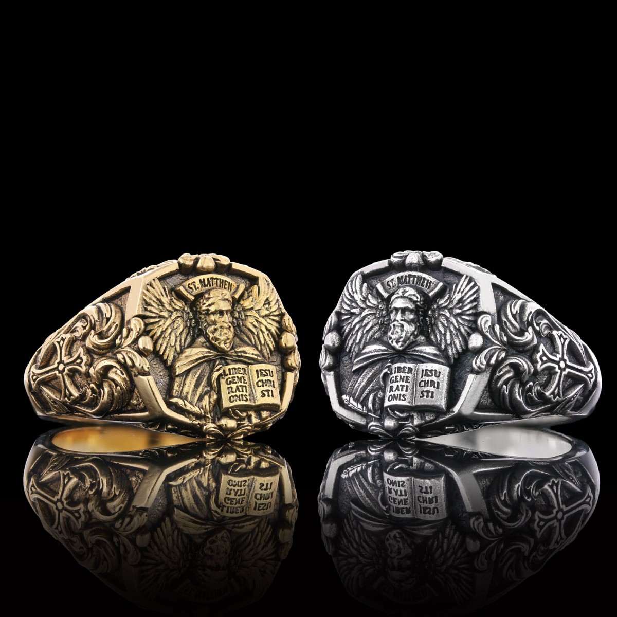 Saint Matthew Apostle Evangelist Christian Cross Signet Ring, Apostle Evangelist Symbol with Cross Engraving Ring, Christian Men's Ring