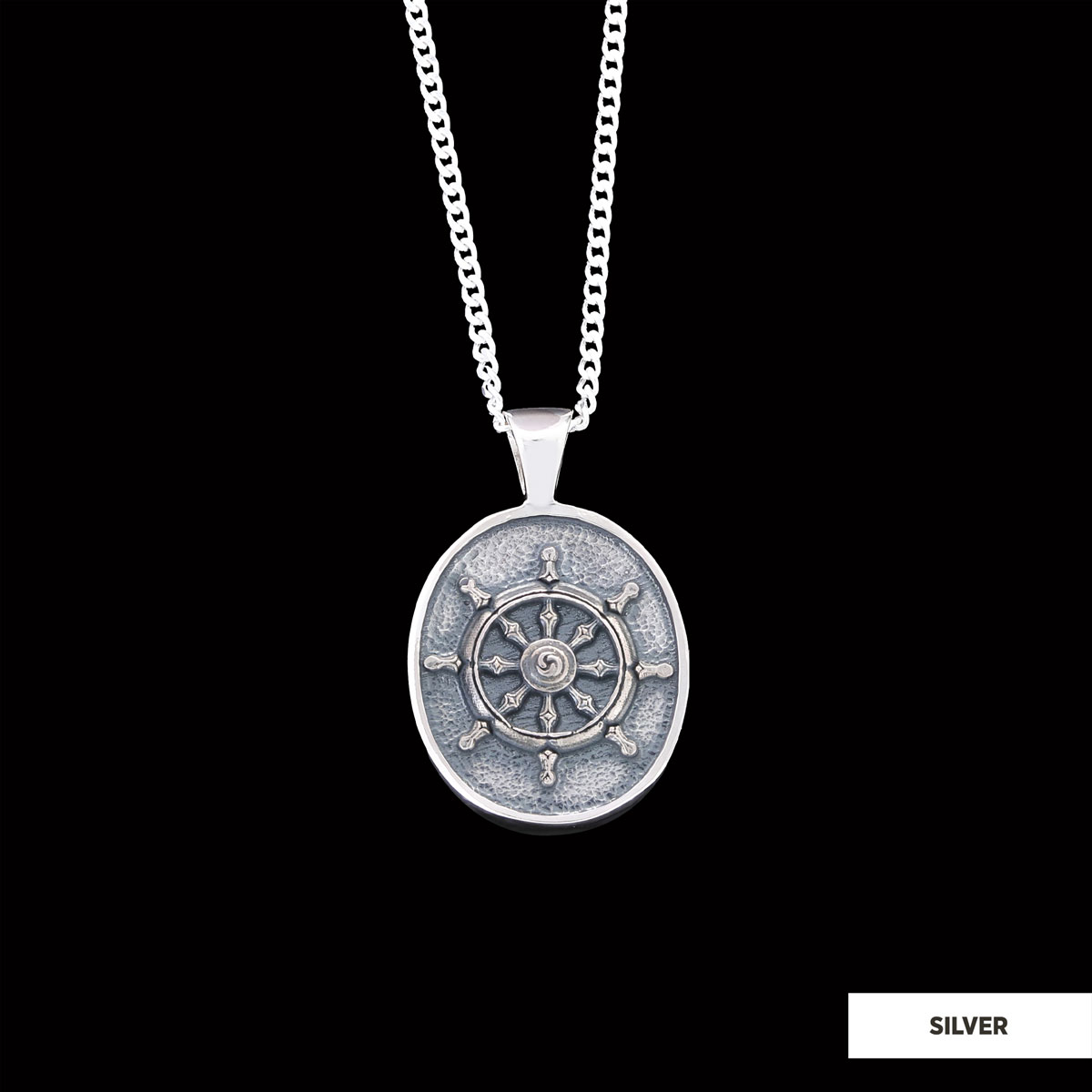 Silver Dharma Wheel Necklace, 8 Fold Path Pendant, Buddhism Charm, Dharmachakra Pendant