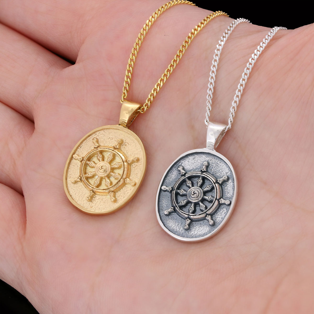 Silver Dharma Wheel Necklace, 8 Fold Path Pendant, Buddhism Charm, Dharmachakra Pendant