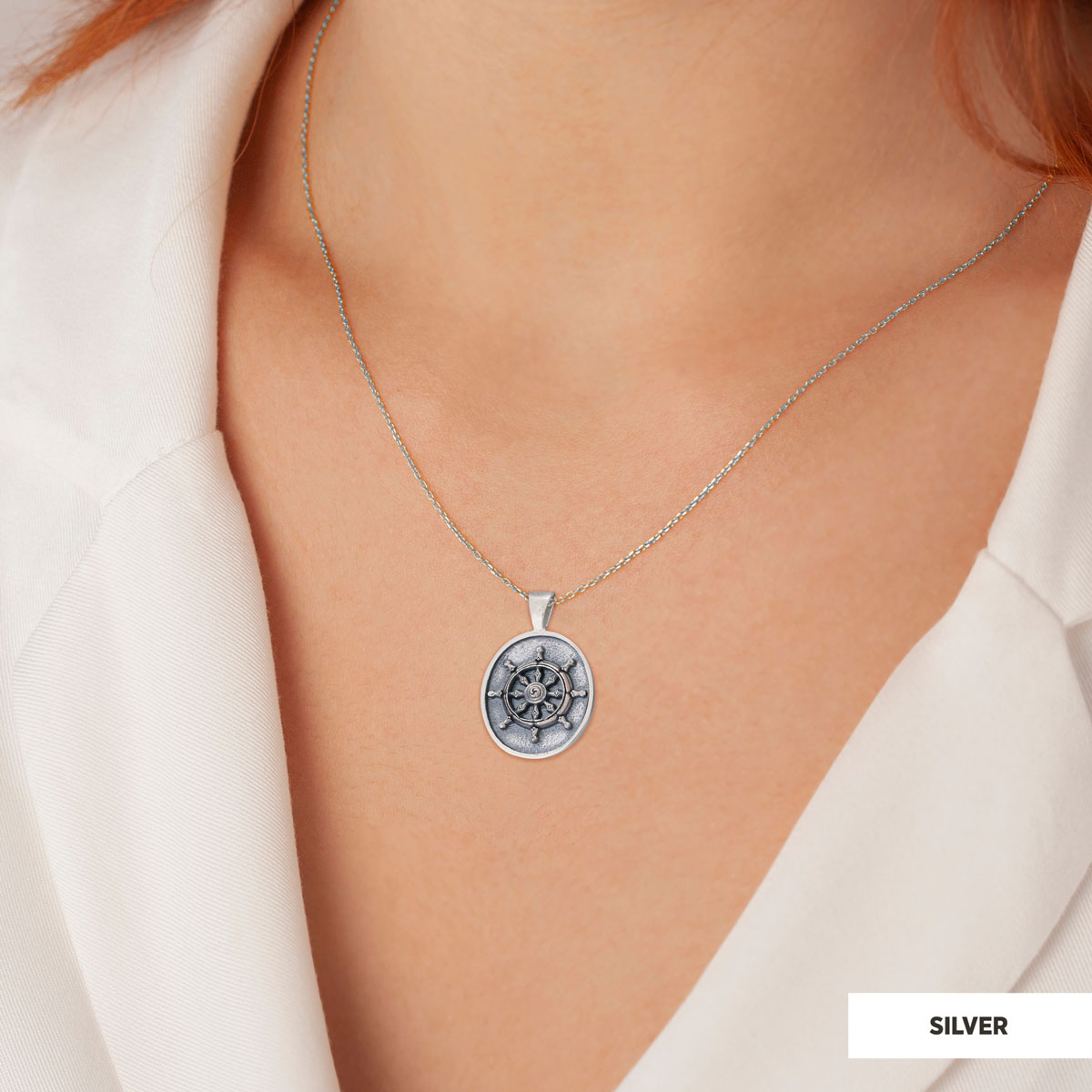 Silver Dharma Wheel Necklace, 8 Fold Path Pendant, Buddhism Charm, Dharmachakra Pendant