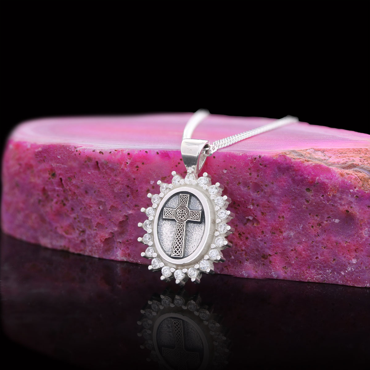 Silver Oval Cross Necklace, Stone Cross Silver Necklace, Gold Plated Silver Christian Cross Stone Necklace, Women's Religious Necklace