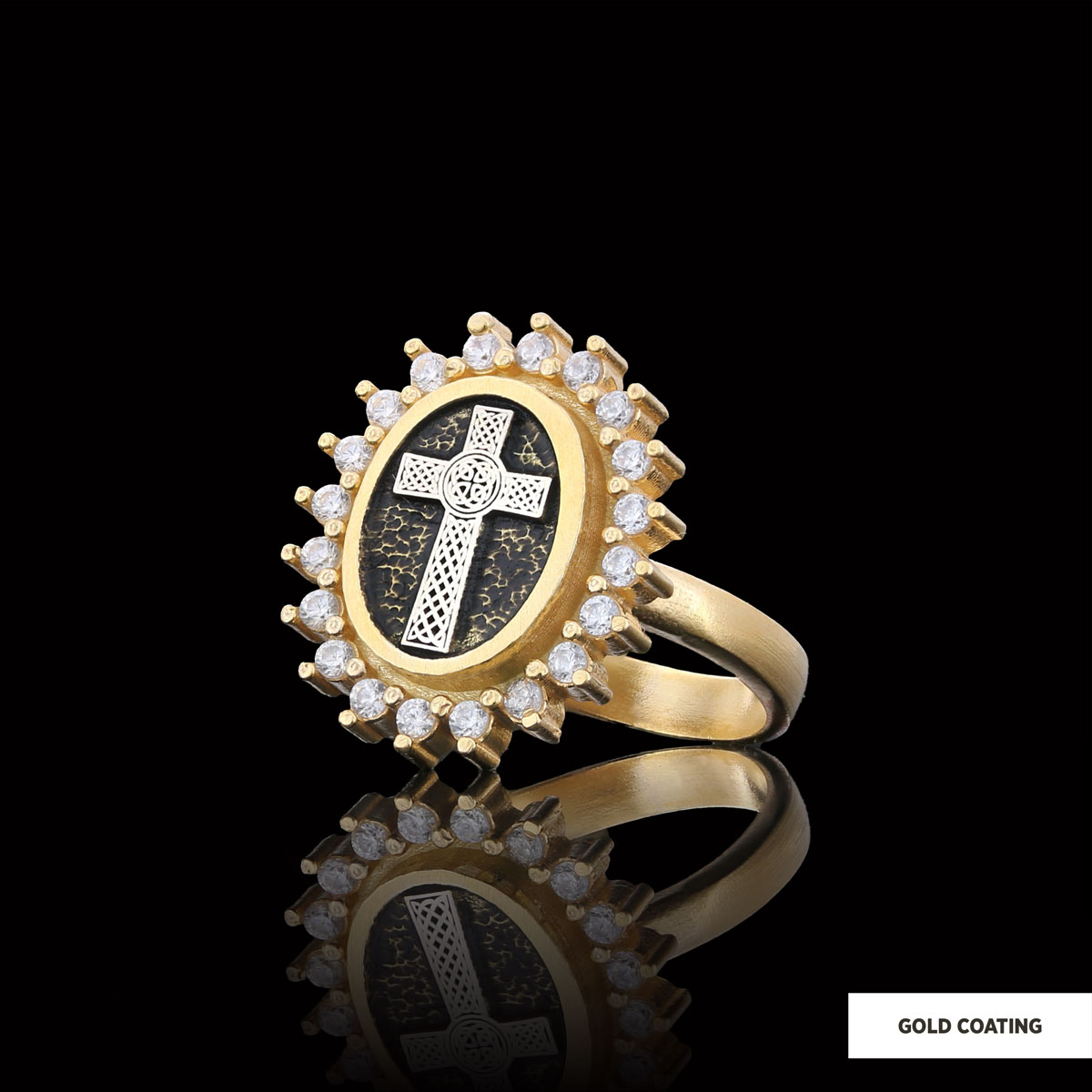 Silver Oval Cross Ring, Stone Cross Silver Ring, Gold Plated Silver Christian Cross Stone Ring, Women's Religious Ring
