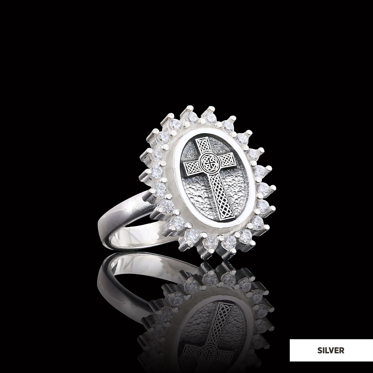 Silver Oval Cross Ring, Stone Cross Silver Ring, Gold Plated Silver Christian Cross Stone Ring, Women's Religious Ring