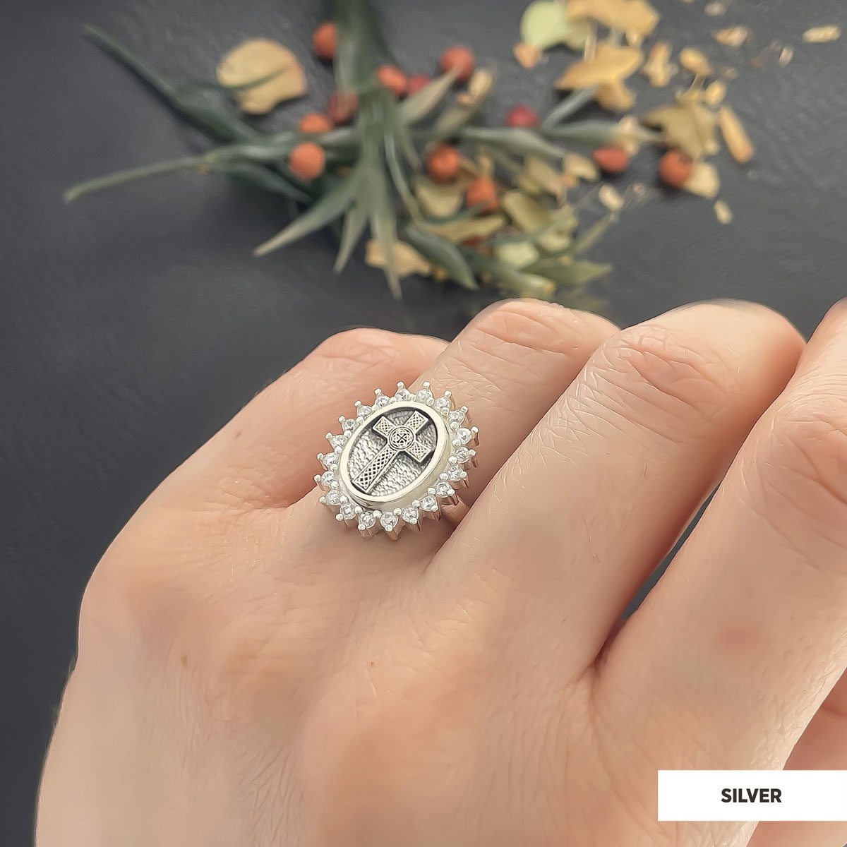 Silver Oval Cross Ring, Stone Cross Silver Ring, Gold Plated Silver Christian Cross Stone Ring, Women's Religious Ring