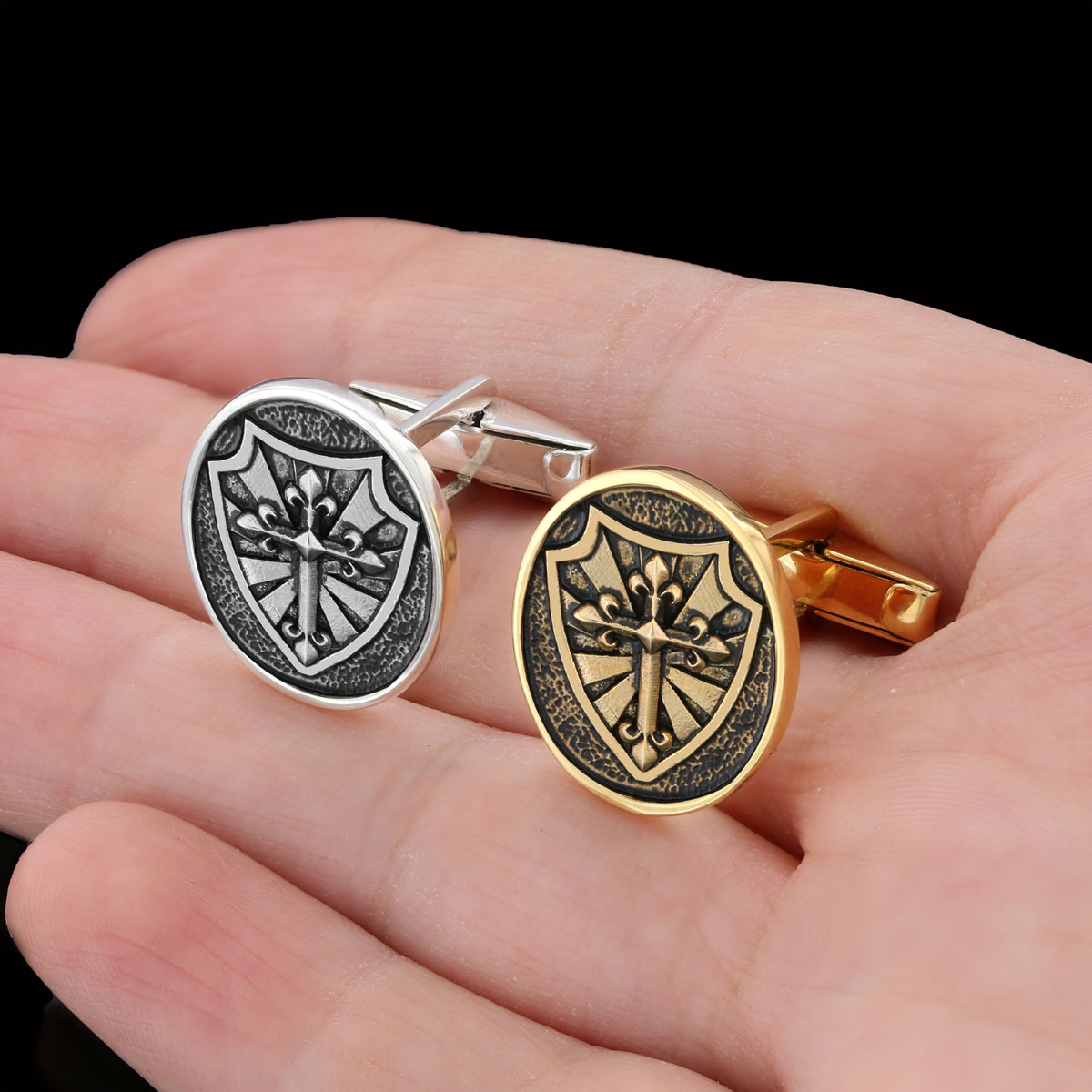 Silver Shield Cufflinks, Religious Gift for Men, Christian Armor Jewelry, Knight’s Cross and Shield Cufflinks