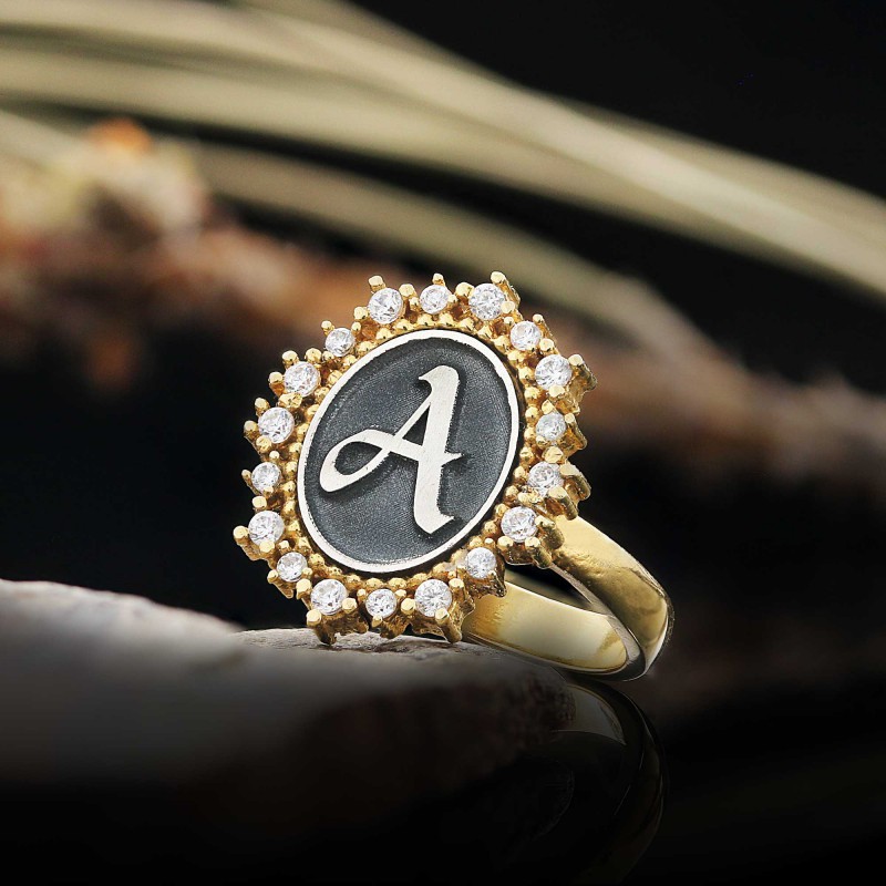 Special Design Handmade Stone Oval 925 Sterling Silver Monogram Letter A Women Ring