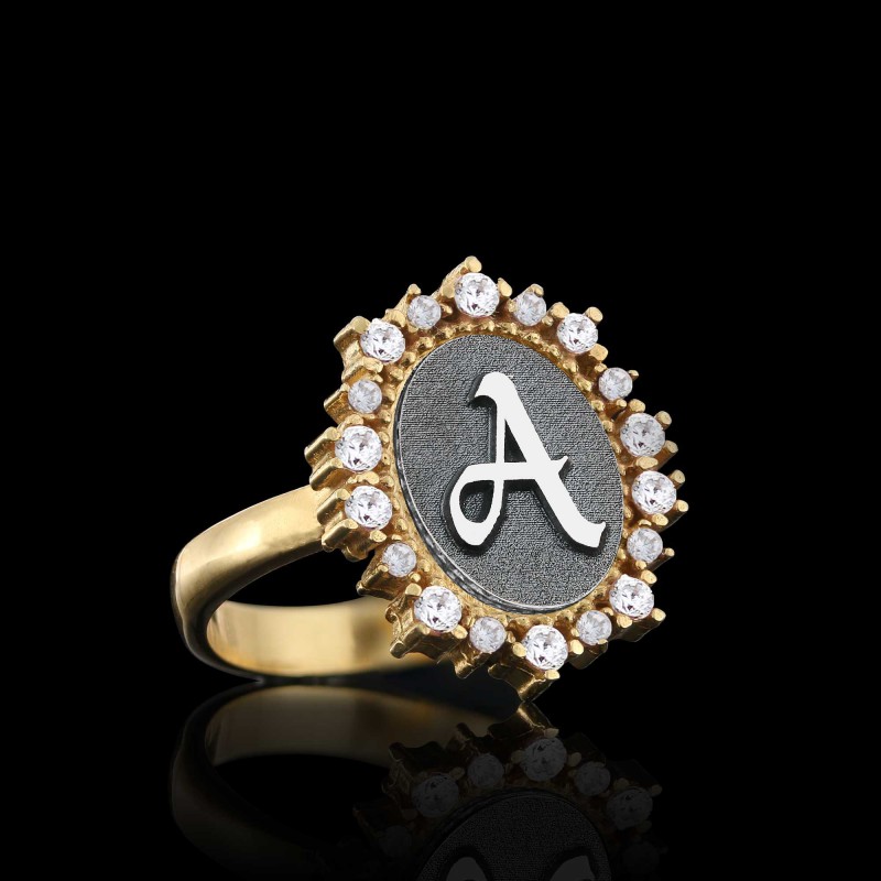 Special Design Handmade Stone Oval 925 Sterling Silver Monogram Letter A Women Ring