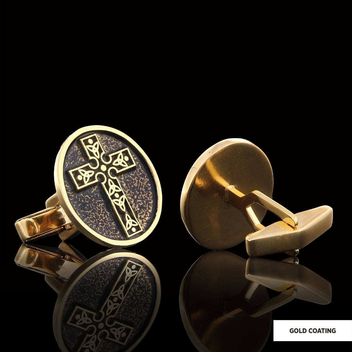 Special Design Motif Cross Cufflinks, Gold Plated Silver Cross Christian Cufflinks, Oval Silver Cufflinks