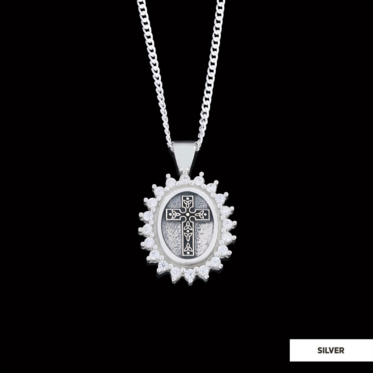 Special Design Stone Motif Cross Necklace, Gold Plated Silver Cross Christian Pendant, Stone Oval Silver Necklace