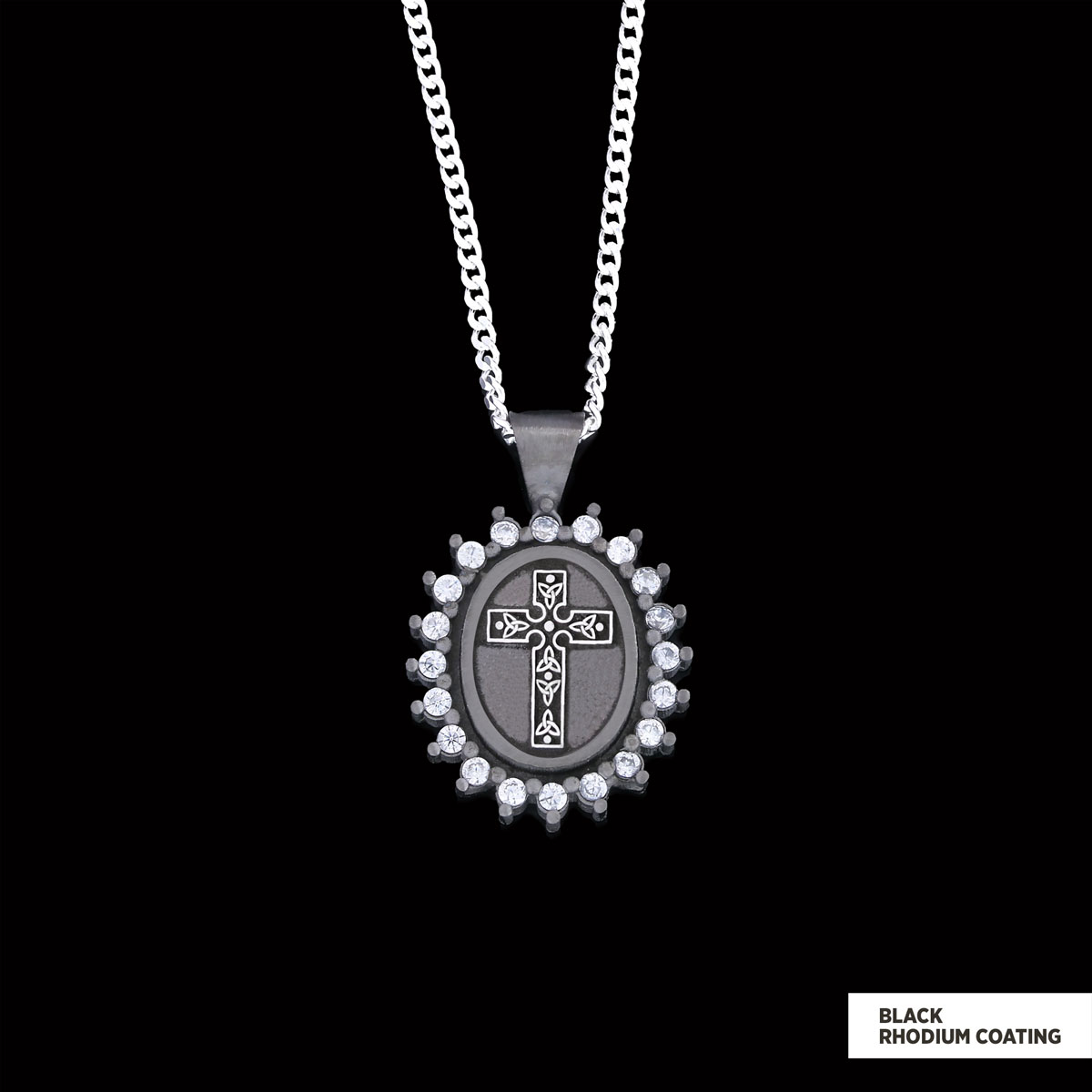Special Design Stone Motif Cross Necklace, Gold Plated Silver Cross Christian Pendant, Stone Oval Silver Necklace