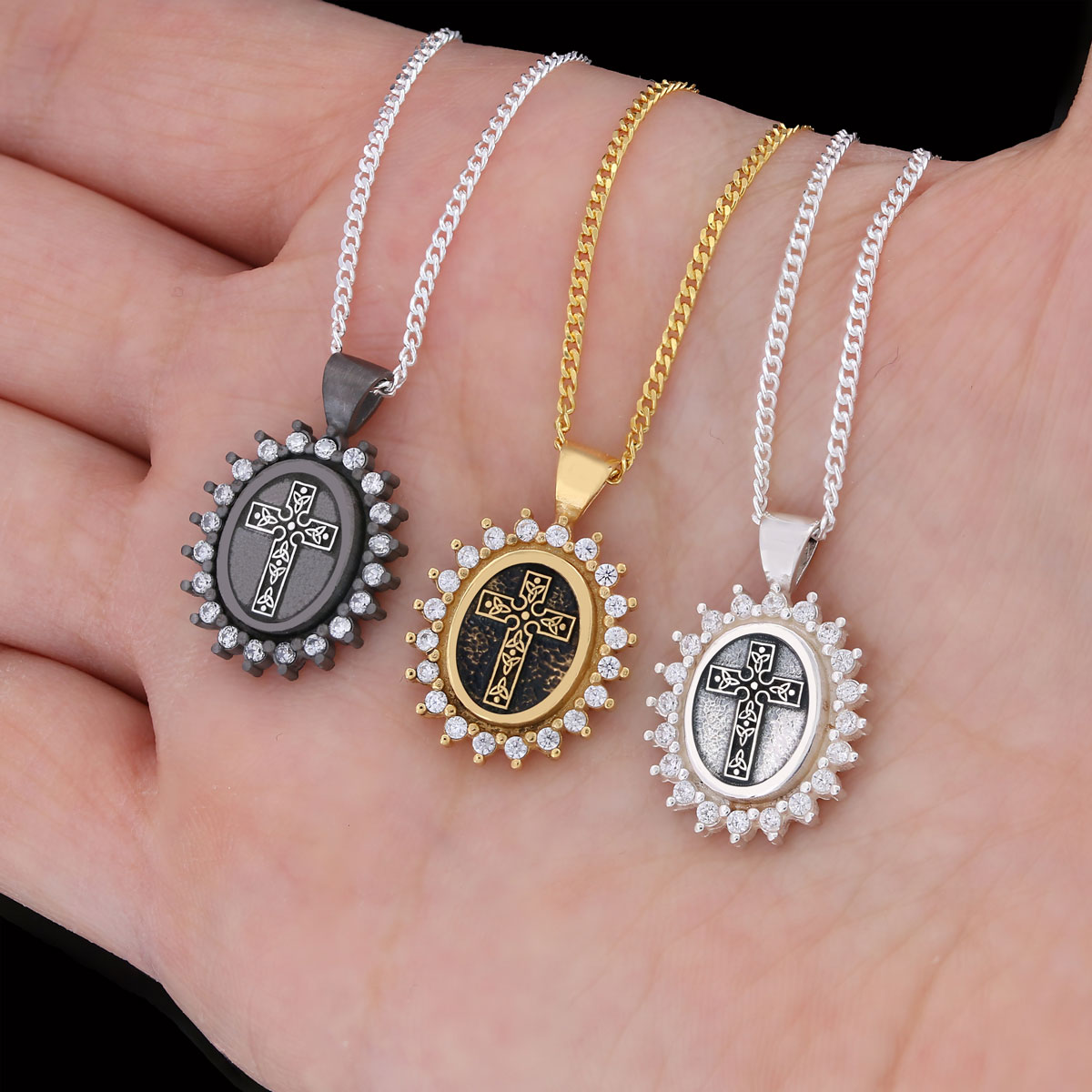 Special Design Stone Motif Cross Necklace, Gold Plated Silver Cross Christian Pendant, Stone Oval Silver Necklace