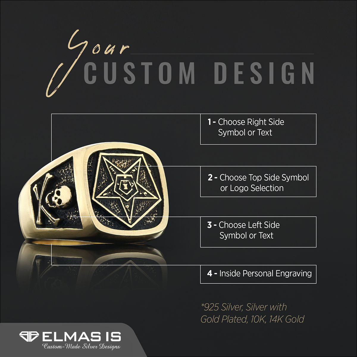 Special Square Eastern Star Masonic Ring, Freemason Ring, Master Mason Rings