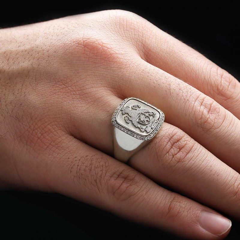 925 Sterling Silver Square Raised Family Crest Ring