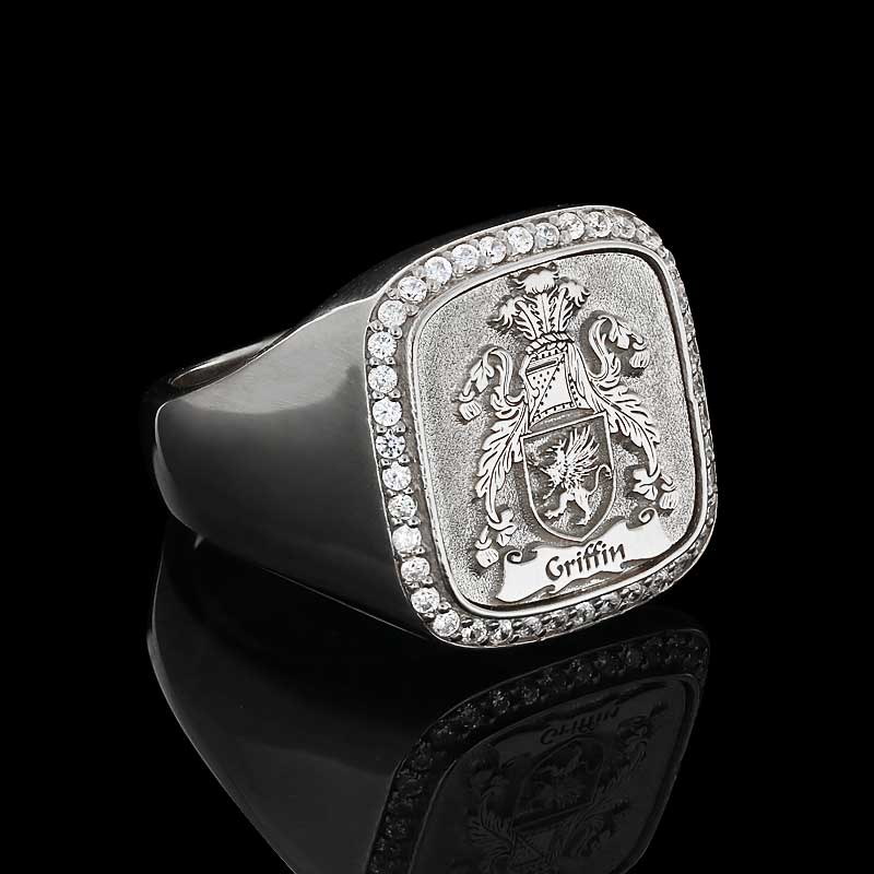 925 Sterling Silver Square Raised Family Crest Ring
