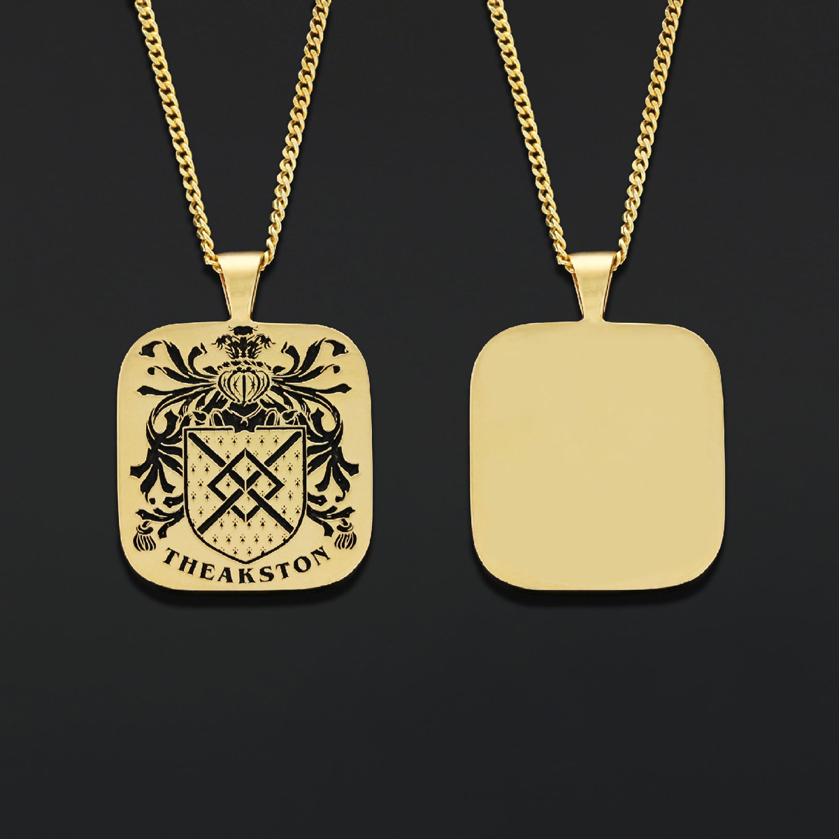 Square Engraved Family Crest Pendant, Personalized Engraved Family Crest Necklace